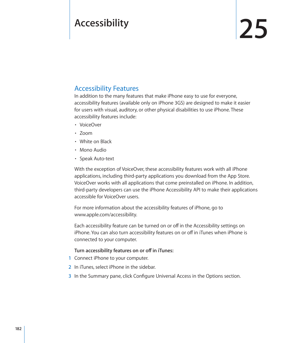 Chapter 25: accessibility, Accessibility features, 182 accessibility features | Accessibility | Apple iPhone OS 3.1 User Manual | Page 182 / 217