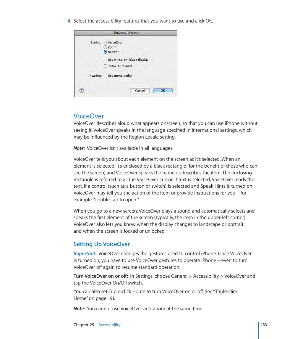Voiceover, 183 voiceover, Setting up voiceover | Apple iPhone OS 3.1 User Manual | Page 183 / 217