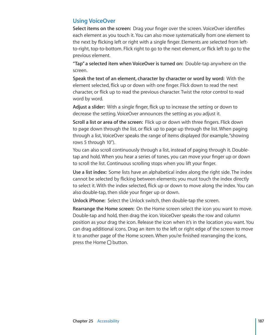 Using voiceover | Apple iPhone OS 3.1 User Manual | Page 187 / 217