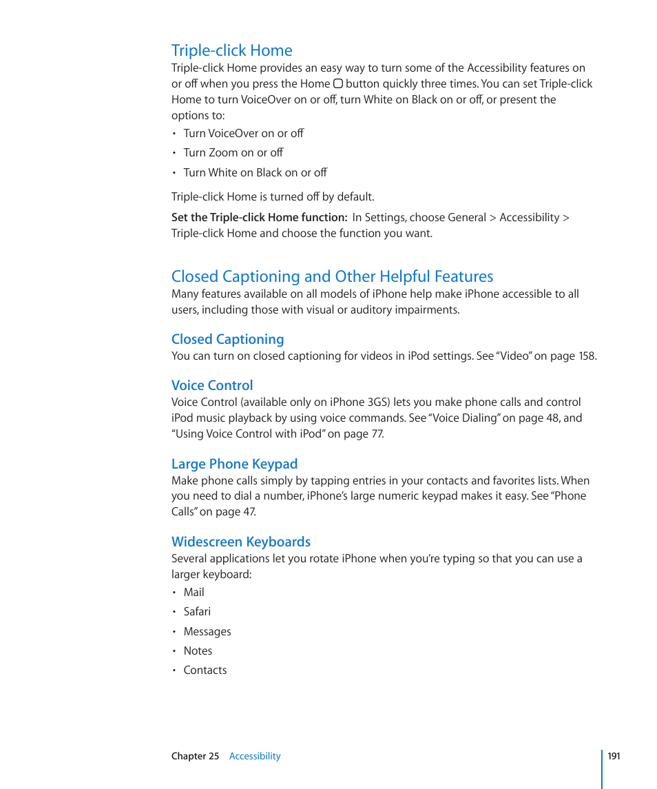 Triple-click home, Closed captioning and other helpful features, Closed captioning | Voice control, Large phone keypad, Widescreen keyboards | Apple iPhone OS 3.1 User Manual | Page 191 / 217