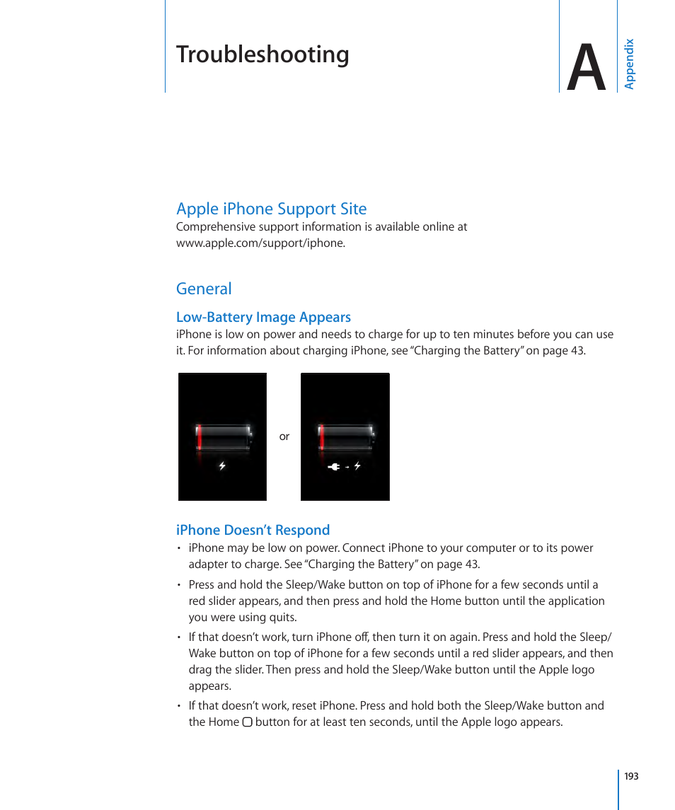 Appendix a: troubleshooting, Apple iphone support site, General | Appendix a: troubleshooting, 193 apple iphone support site 193 general, Troubleshooting | Apple iPhone OS 3.1 User Manual | Page 193 / 217