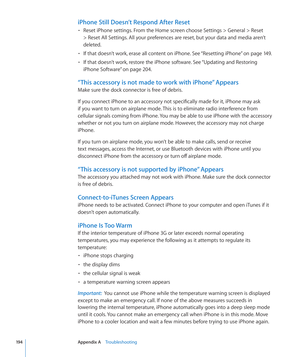 Iphone still doesn’t respond after reset, This accessory is not supported by iphone” appears, Connect-to-itunes screen appears | Iphone is too warm | Apple iPhone OS 3.1 User Manual | Page 194 / 217