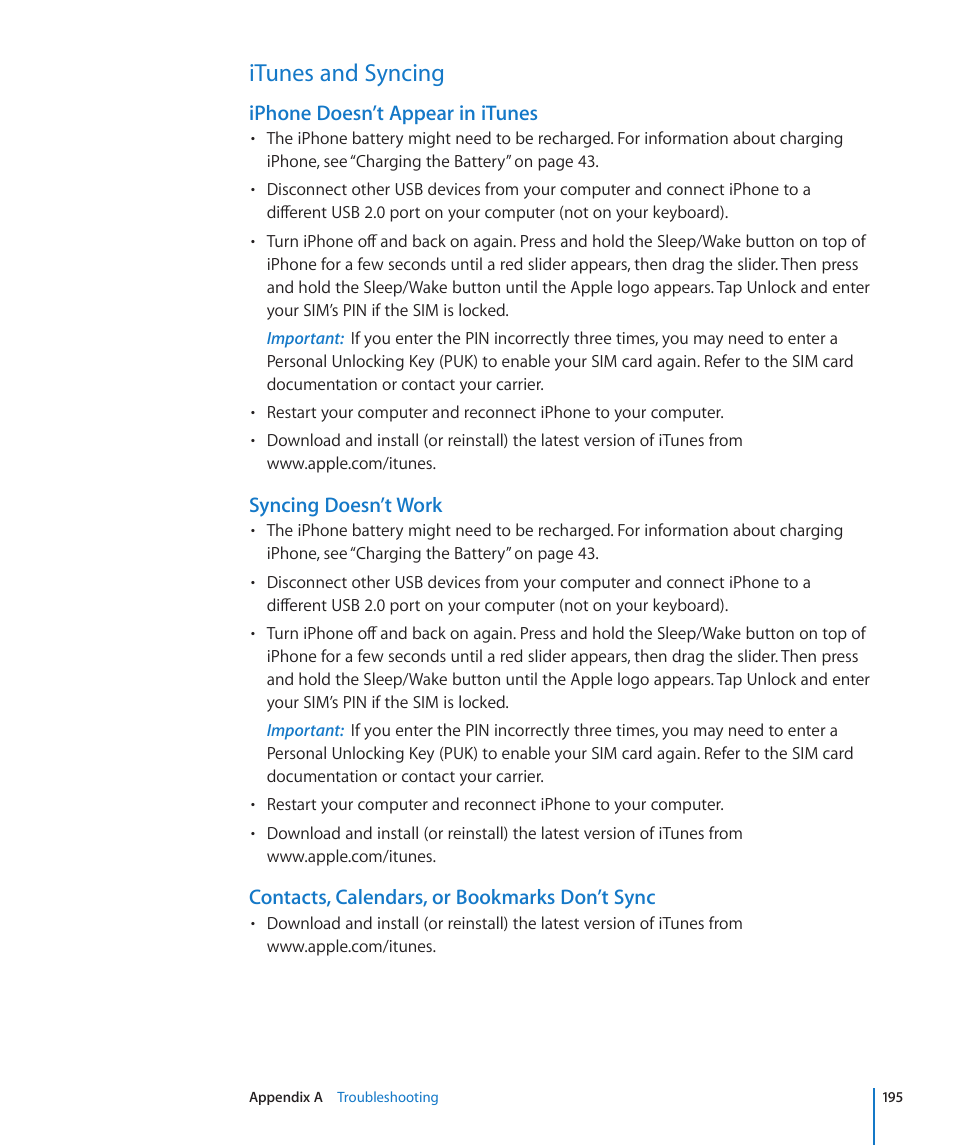 Itunes and syncing, 195 itunes and syncing, Iphone doesn’t appear in itunes | Syncing doesn’t work, Contacts, calendars, or bookmarks don’t sync | Apple iPhone OS 3.1 User Manual | Page 195 / 217