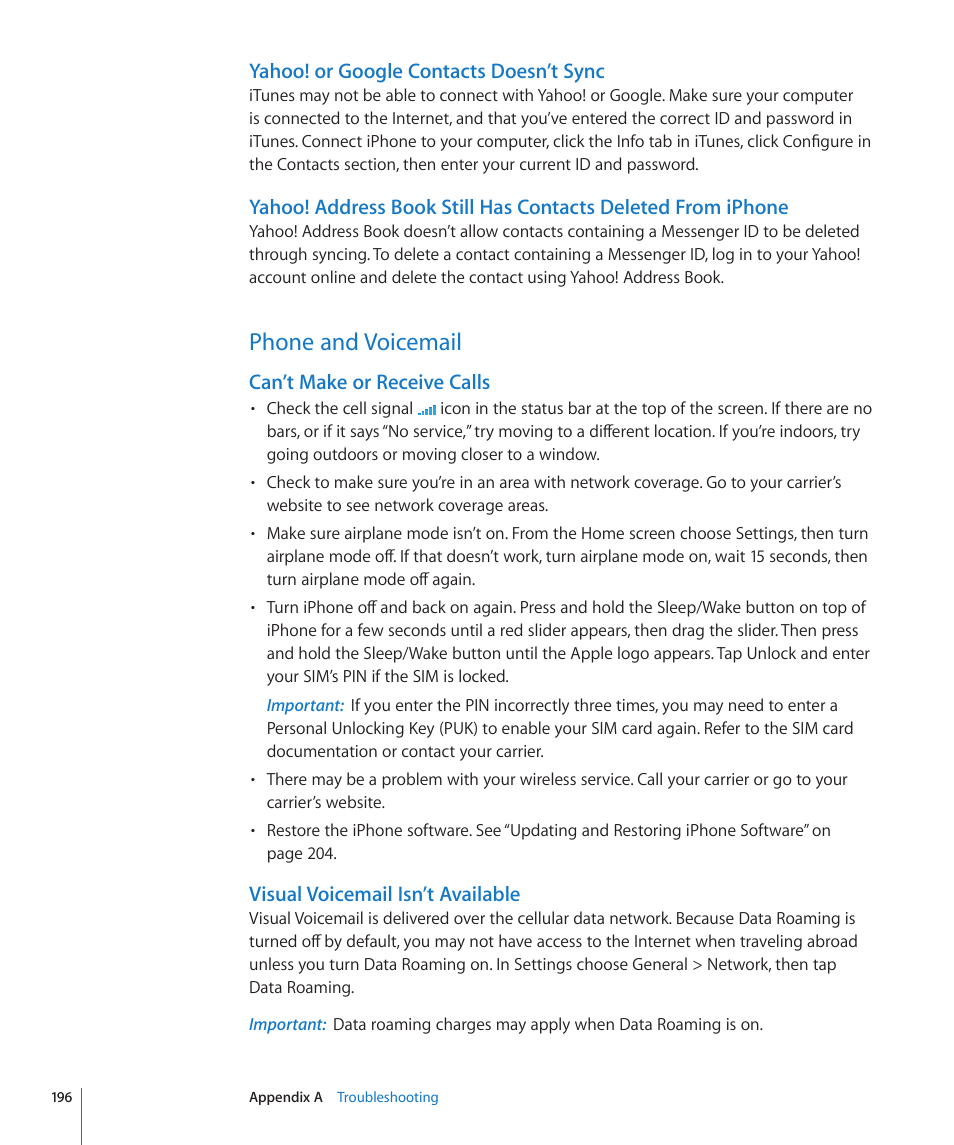 Phone and voicemail, 196 phone and voicemail, Yahoo! or google contacts doesn’t sync | Can’t make or receive calls, Visual voicemail isn’t available | Apple iPhone OS 3.1 User Manual | Page 196 / 217