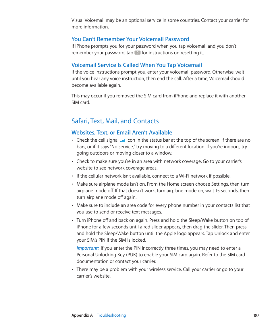 Safari, text, mail, and contacts, 197 safari, text, mail, and contacts, You can’t remember your voicemail password | Voicemail service is called when you tap voicemail, Websites, text, or email aren’t available | Apple iPhone OS 3.1 User Manual | Page 197 / 217