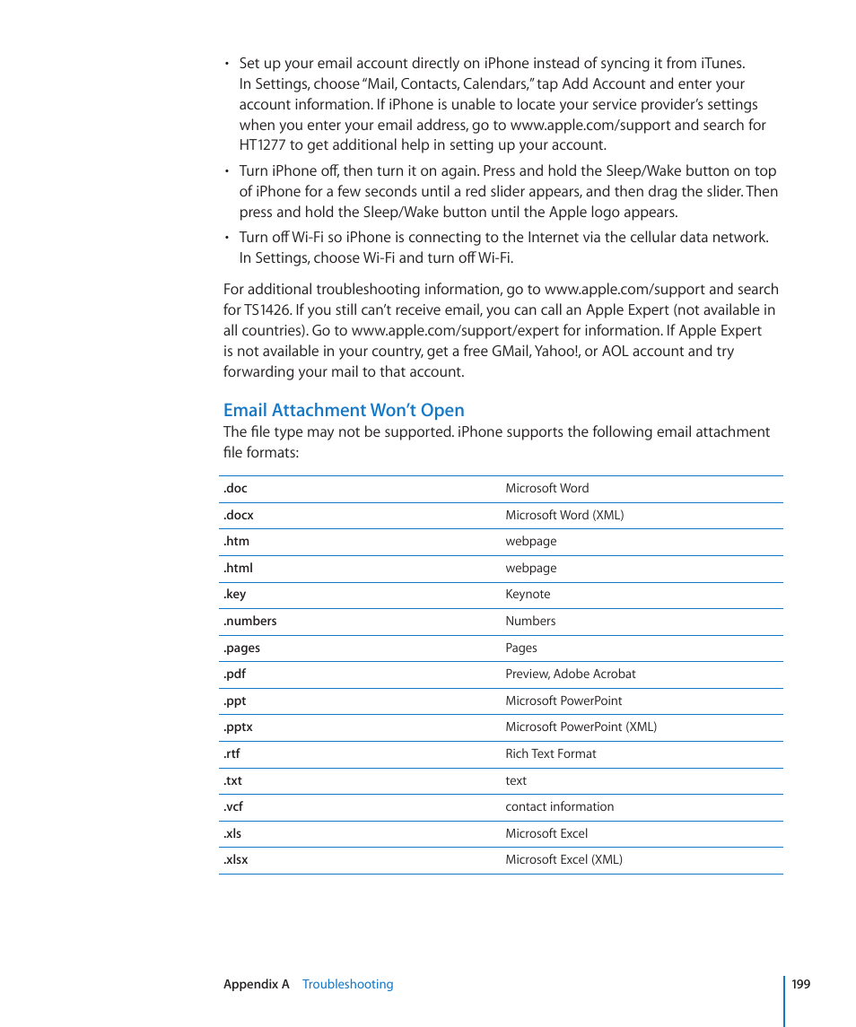 Email attachment won’t open | Apple iPhone OS 3.1 User Manual | Page 199 / 217