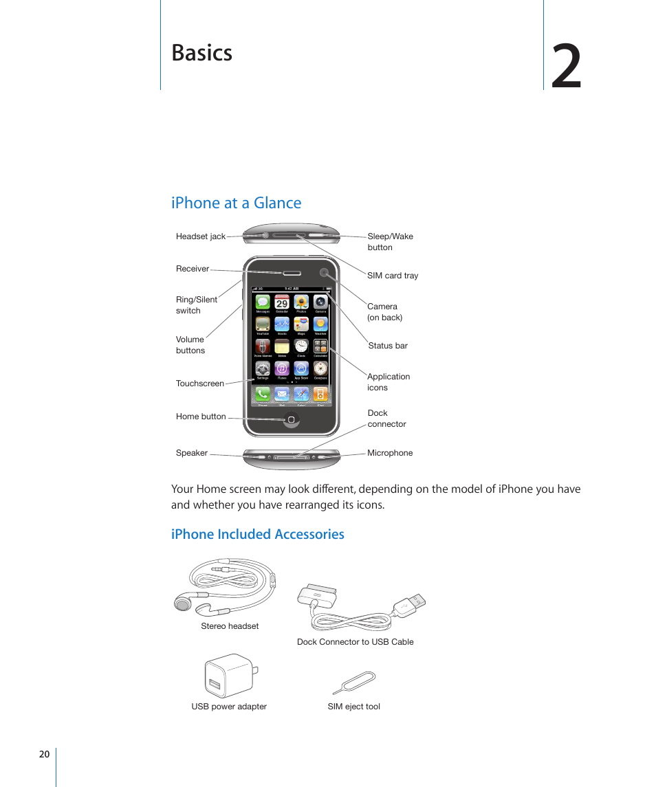 Chapter 2: basics, Iphone at a glance, 20 iphone at a glance | Basics | Apple iPhone OS 3.1 User Manual | Page 20 / 217