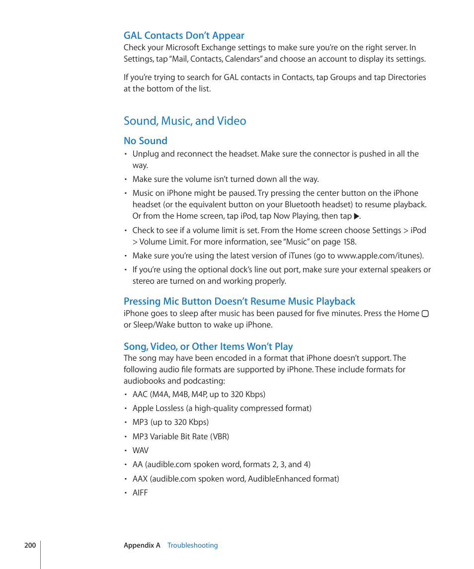 Sound, music, and video, 200 sound, music, and video, Song, video, or other items won’t play | Gal contacts don’t appear, No sound, Pressing mic button doesn’t resume music playback | Apple iPhone OS 3.1 User Manual | Page 200 / 217