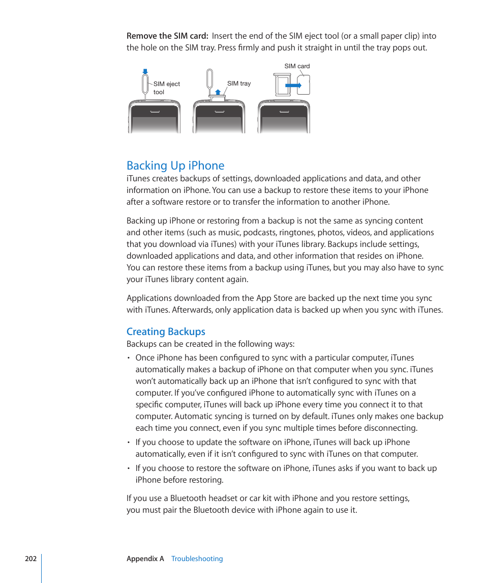 Backing up iphone, 202 backing up iphone, Creating backups | Apple iPhone OS 3.1 User Manual | Page 202 / 217