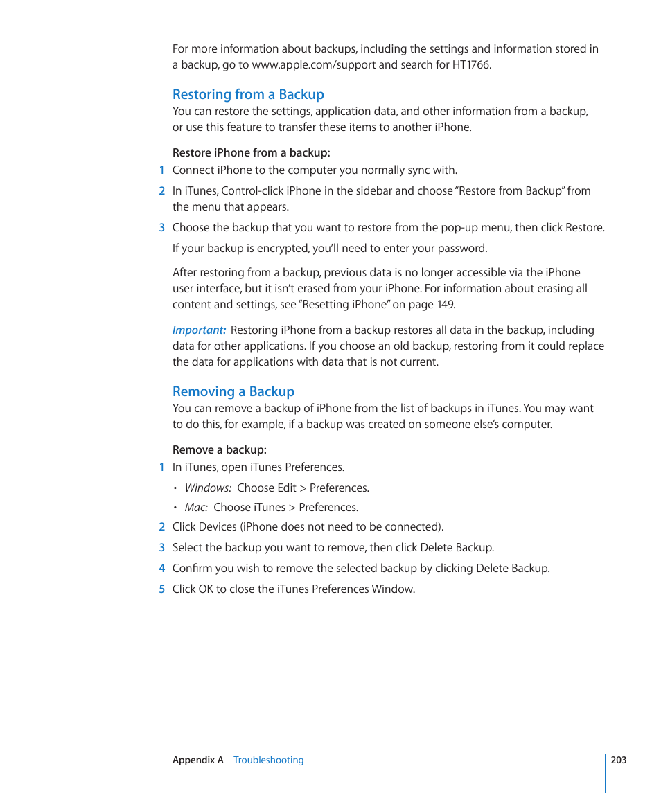Restoring from a backup, Removing a backup | Apple iPhone OS 3.1 User Manual | Page 203 / 217