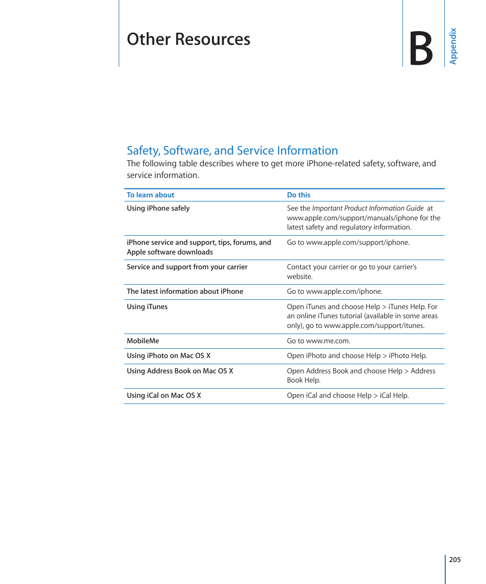 Appendix b: other resources, Safety, software, and service information, Appendix b: other resources | 205 safety, software, and service information, Other resources | Apple iPhone OS 3.1 User Manual | Page 205 / 217