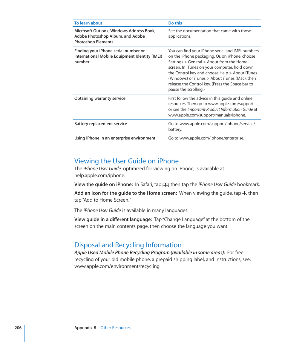 Viewing the user guide on iphone, Disposal and recycling information | Apple iPhone OS 3.1 User Manual | Page 206 / 217