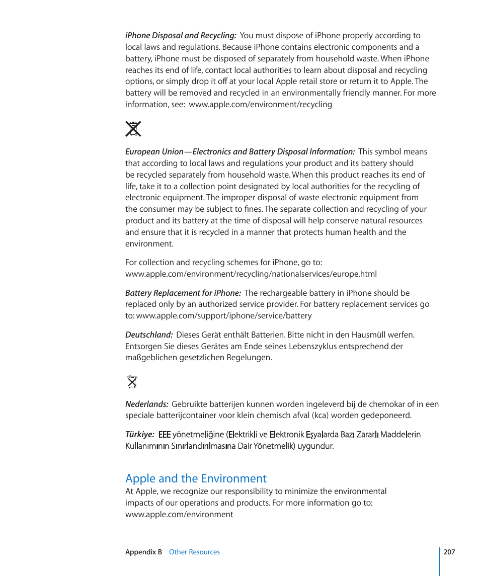 Apple and the environment, 207 apple and the environment | Apple iPhone OS 3.1 User Manual | Page 207 / 217