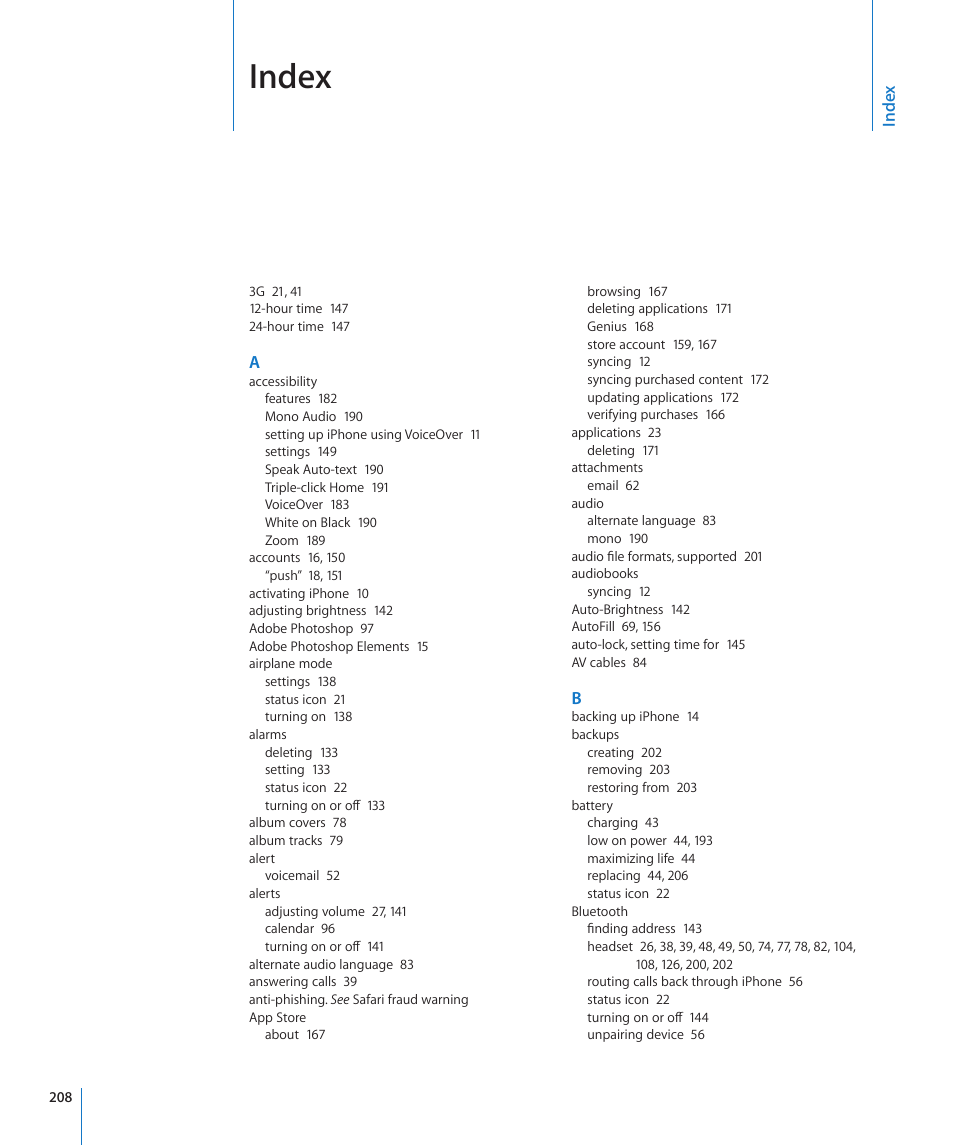 Index | Apple iPhone OS 3.1 User Manual | Page 208 / 217