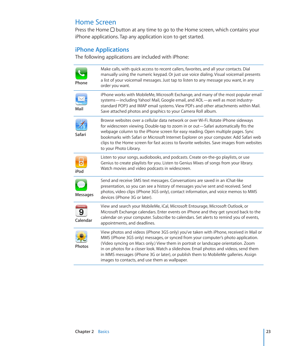 Home screen, 23 home screen, Iphone applications | Apple iPhone OS 3.1 User Manual | Page 23 / 217