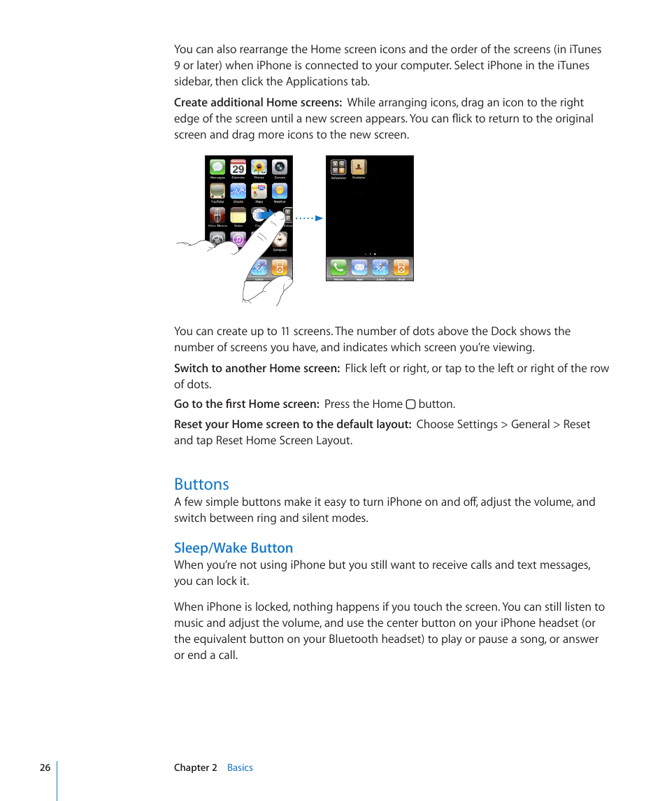 Buttons, 26 buttons, Sleep/wake button | Apple iPhone OS 3.1 User Manual | Page 26 / 217