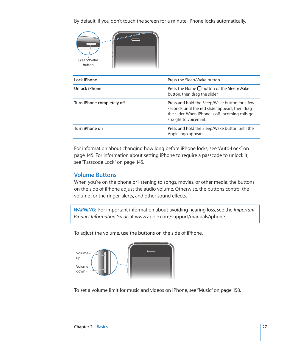 Volume buttons | Apple iPhone OS 3.1 User Manual | Page 27 / 217