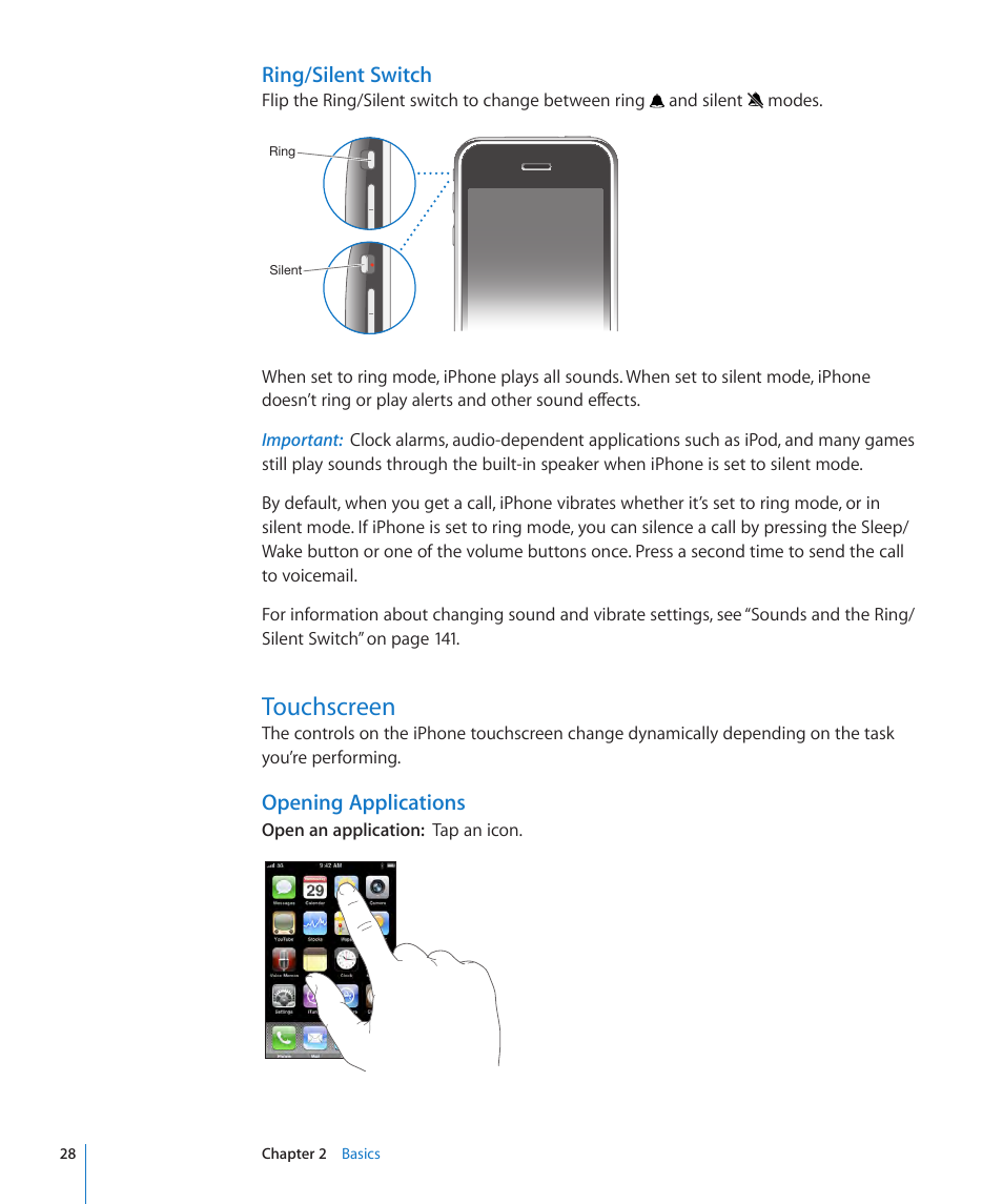 Touchscreen, 28 touchscreen, Ring/silent switch | Opening applications | Apple iPhone OS 3.1 User Manual | Page 28 / 217