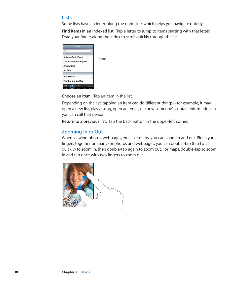 Lists, Zooming in or out | Apple iPhone OS 3.1 User Manual | Page 30 / 217