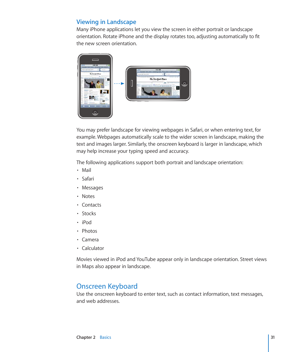 Onscreen keyboard, Viewing in landscape | Apple iPhone OS 3.1 User Manual | Page 31 / 217