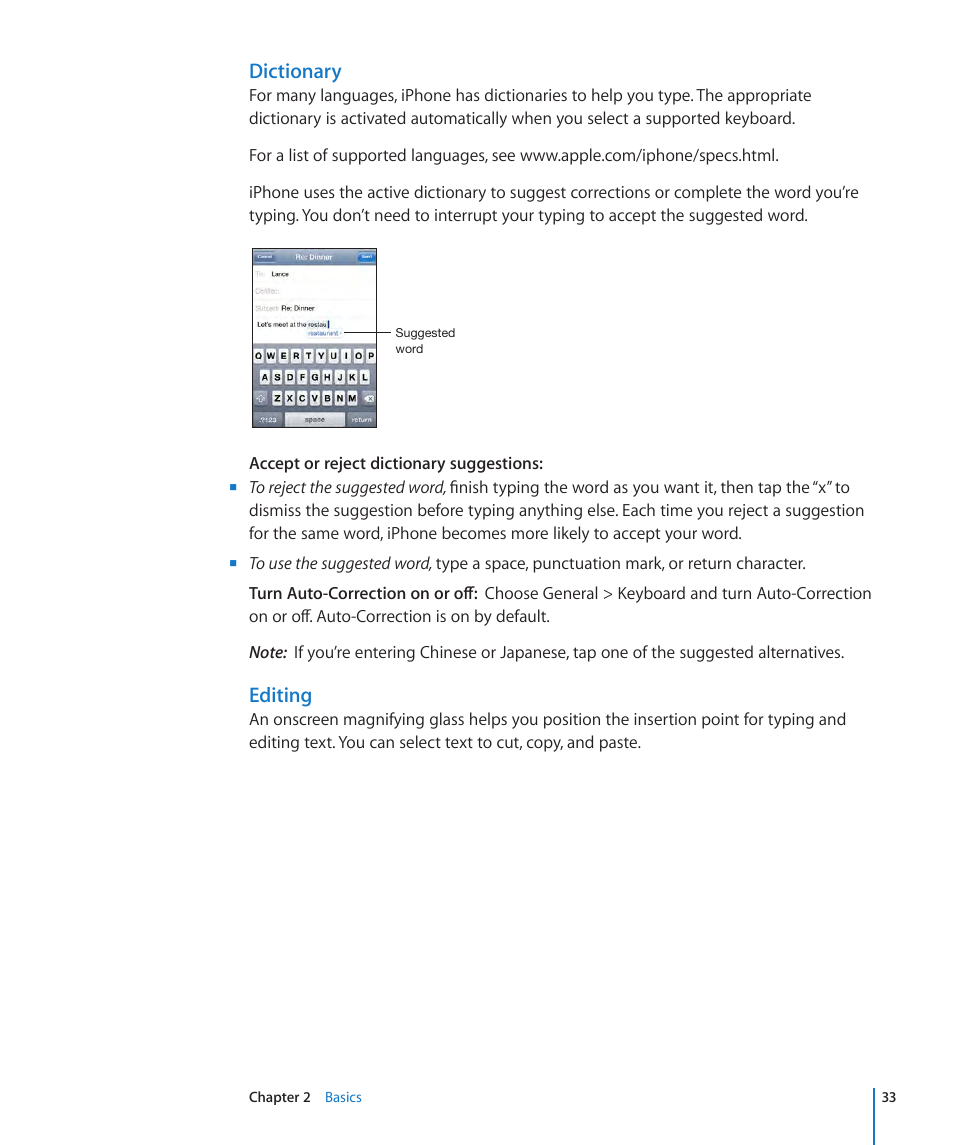 Dictionary, Editing | Apple iPhone OS 3.1 User Manual | Page 33 / 217