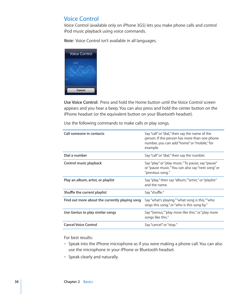 Voice control, 38 voice control | Apple iPhone OS 3.1 User Manual | Page 38 / 217