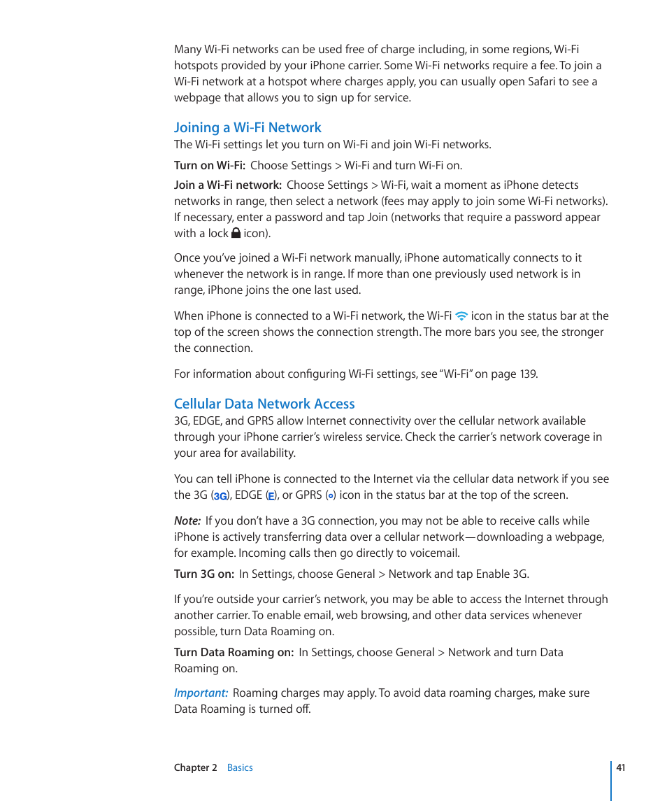 Joining a wi-fi network, Cellular data network access | Apple iPhone OS 3.1 User Manual | Page 41 / 217