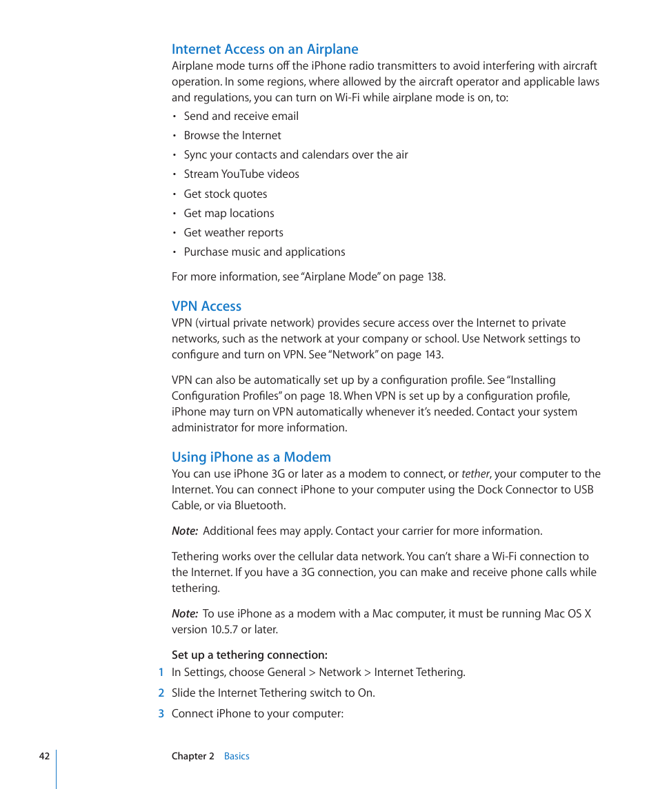 Internet access on an airplane, Vpn access, Using iphone as a modem | Apple iPhone OS 3.1 User Manual | Page 42 / 217