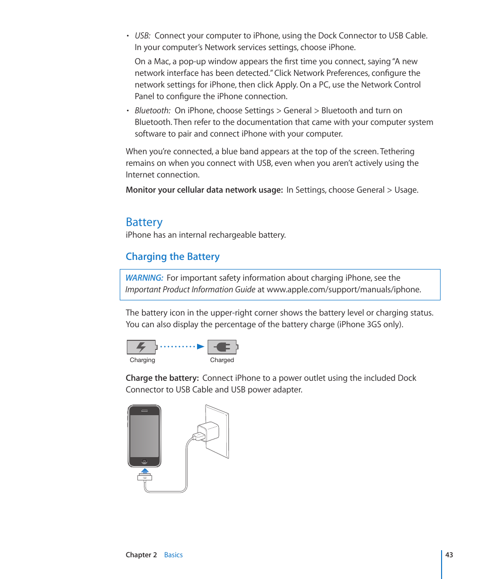 Battery, 43 battery, Charging the battery | Apple iPhone OS 3.1 User Manual | Page 43 / 217