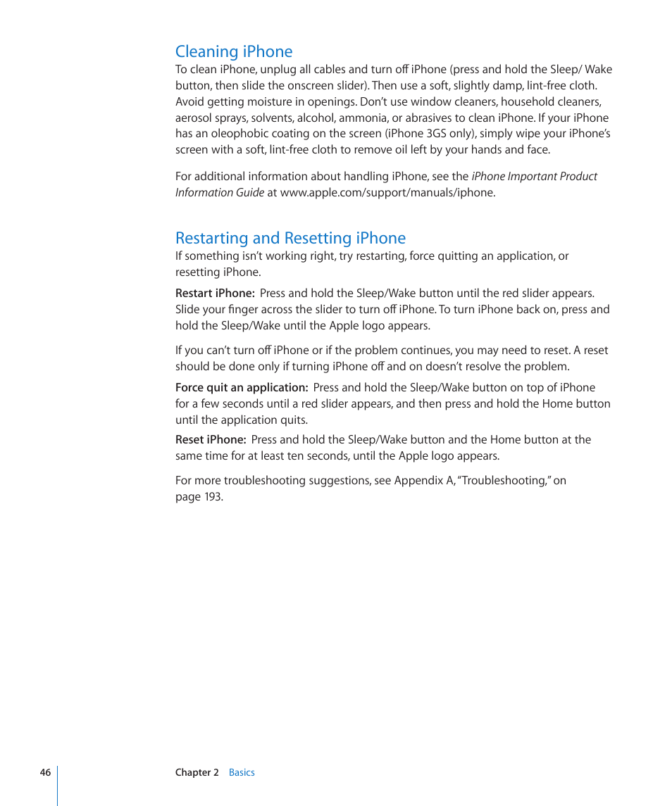 Cleaning iphone, Restarting and resetting iphone | Apple iPhone OS 3.1 User Manual | Page 46 / 217