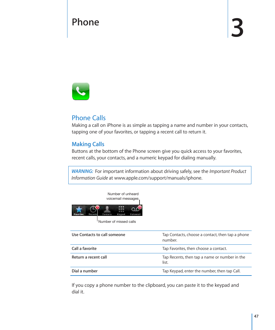 Chapter 3: phone, Phone calls, 47 phone calls | Phone | Apple iPhone OS 3.1 User Manual | Page 47 / 217