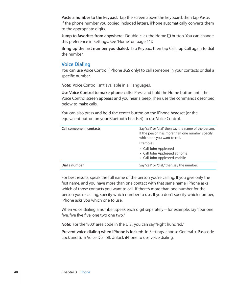 Voice dialing | Apple iPhone OS 3.1 User Manual | Page 48 / 217