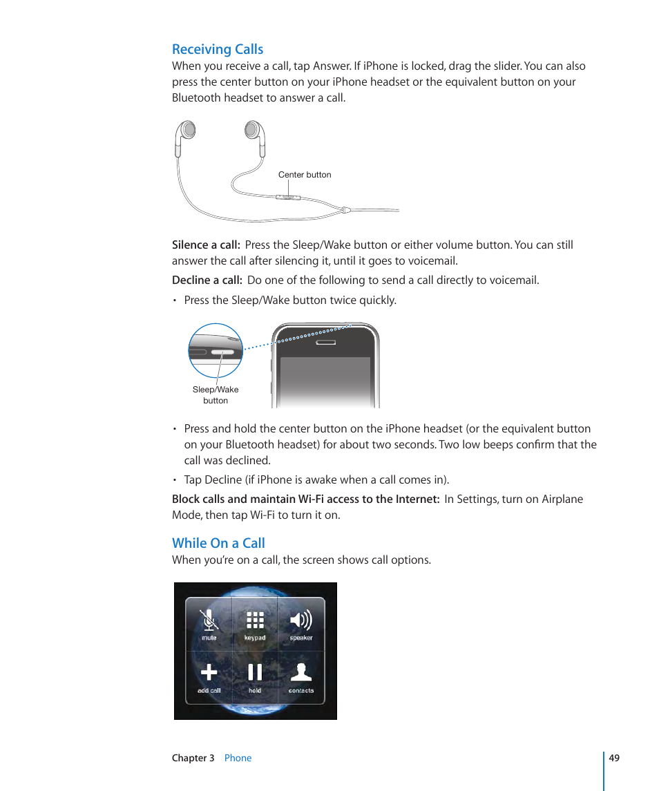 Receiving calls, While on a call | Apple iPhone OS 3.1 User Manual | Page 49 / 217