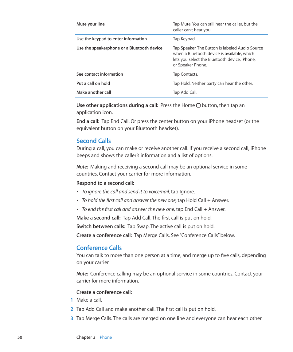 Second calls, Conference calls | Apple iPhone OS 3.1 User Manual | Page 50 / 217