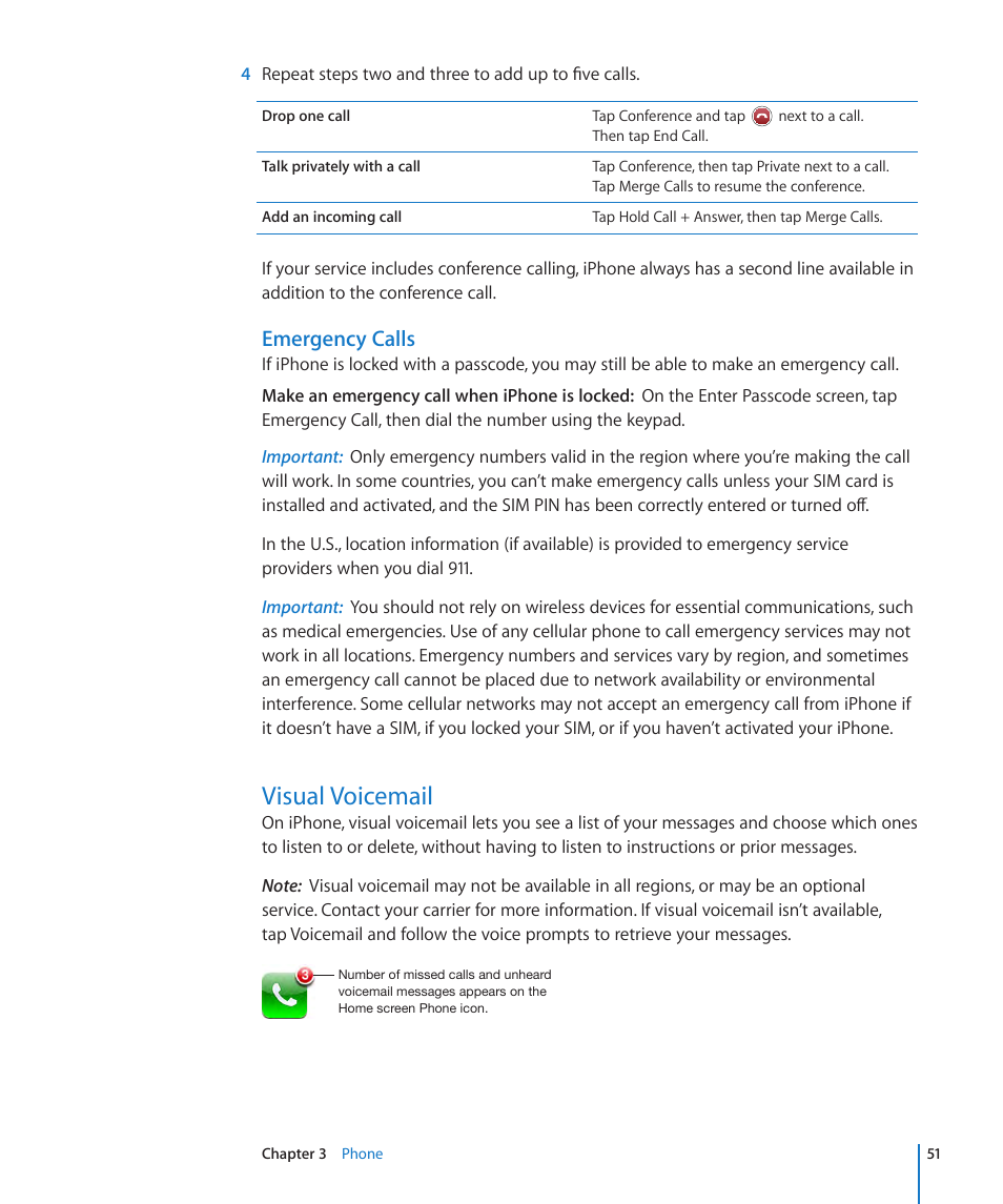 Visual voicemail, Emergency calls | Apple iPhone OS 3.1 User Manual | Page 51 / 217