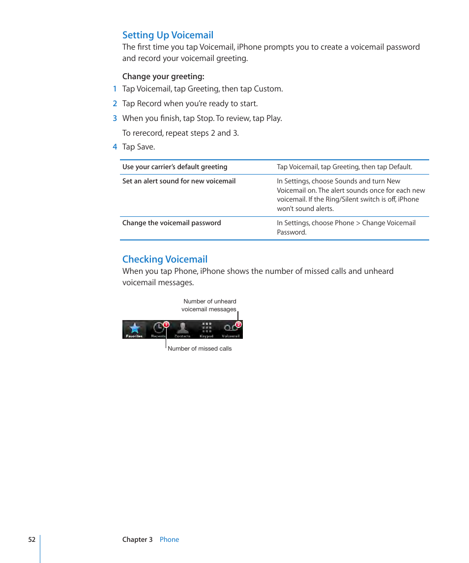 Setting up voicemail, Checking voicemail | Apple iPhone OS 3.1 User Manual | Page 52 / 217