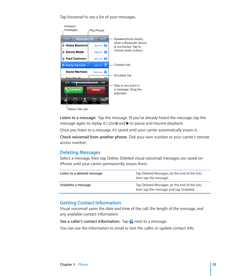 Deleting messages, Getting contact information | Apple iPhone OS 3.1 User Manual | Page 53 / 217