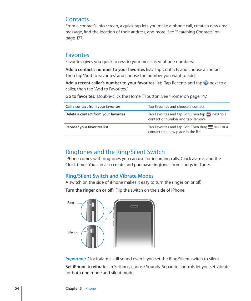 Contacts, Favorites, Ringtones and the ring/silent switch | Ring/silent switch and vibrate modes | Apple iPhone OS 3.1 User Manual | Page 54 / 217