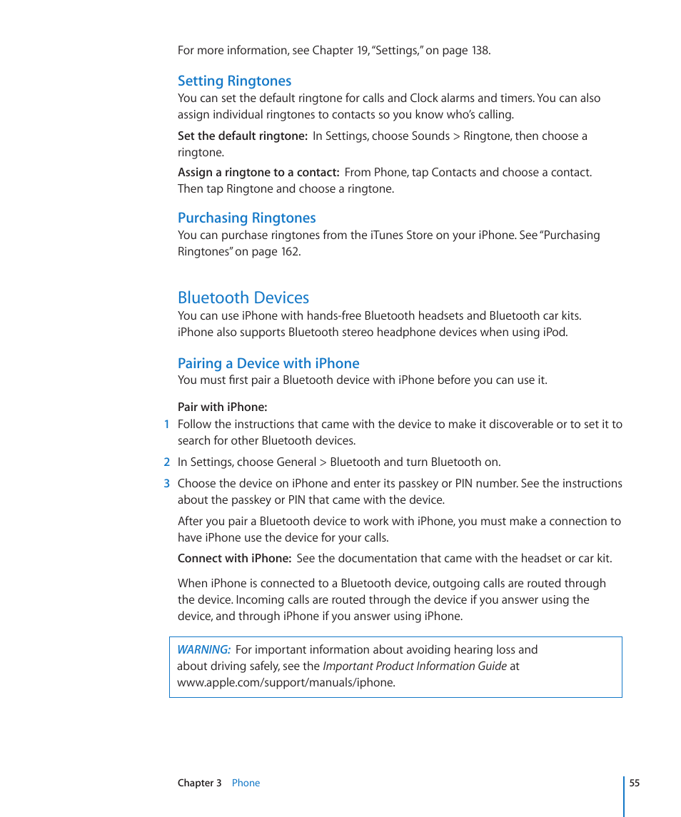 Bluetooth devices, 55 bluetooth devices, Setting ringtones | Purchasing ringtones, Pairing a device with iphone | Apple iPhone OS 3.1 User Manual | Page 55 / 217