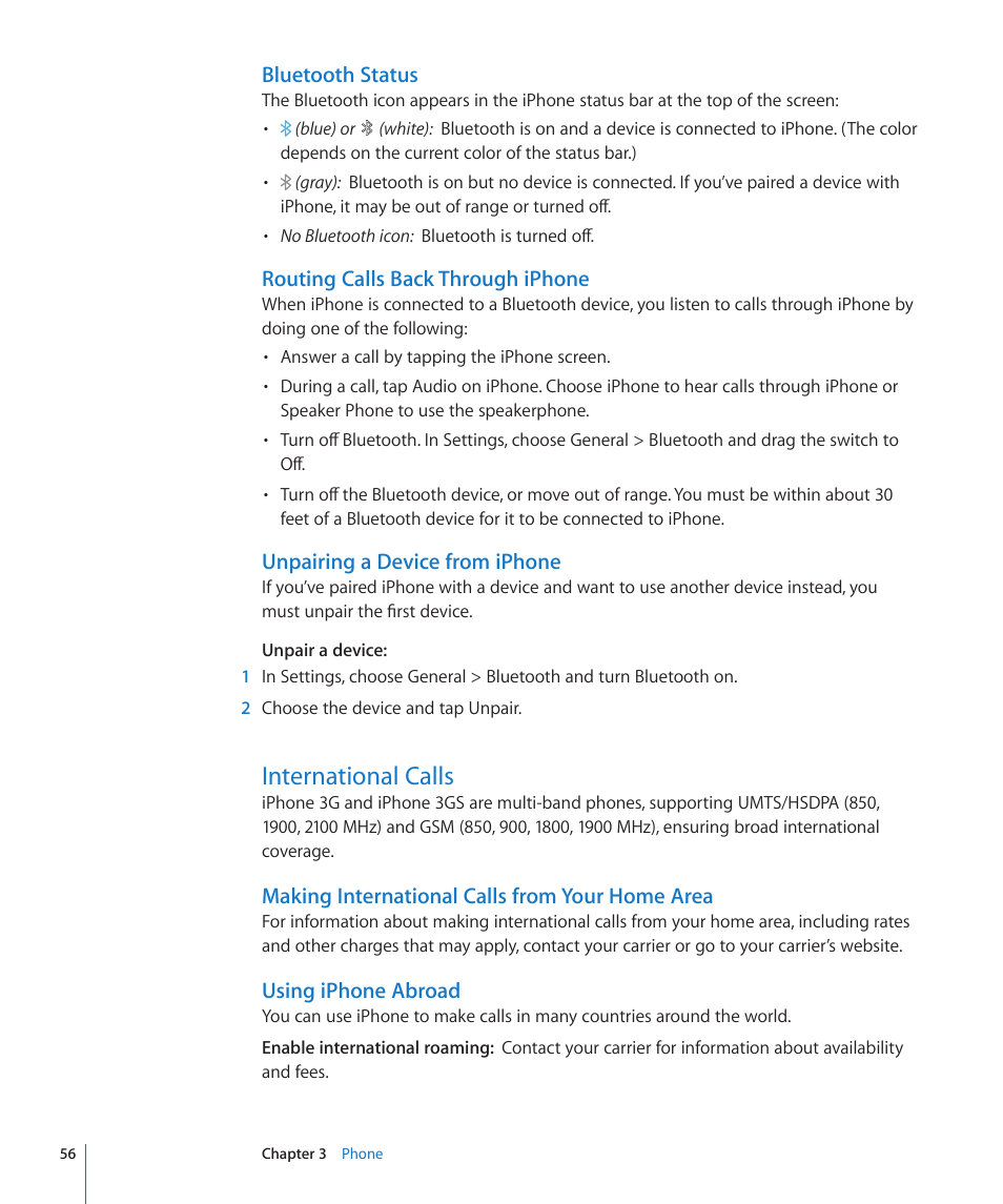 International calls, 56 international calls, Bluetooth status | Routing calls back through iphone, Unpairing a device from iphone, Making international calls from your home area, Using iphone abroad | Apple iPhone OS 3.1 User Manual | Page 56 / 217