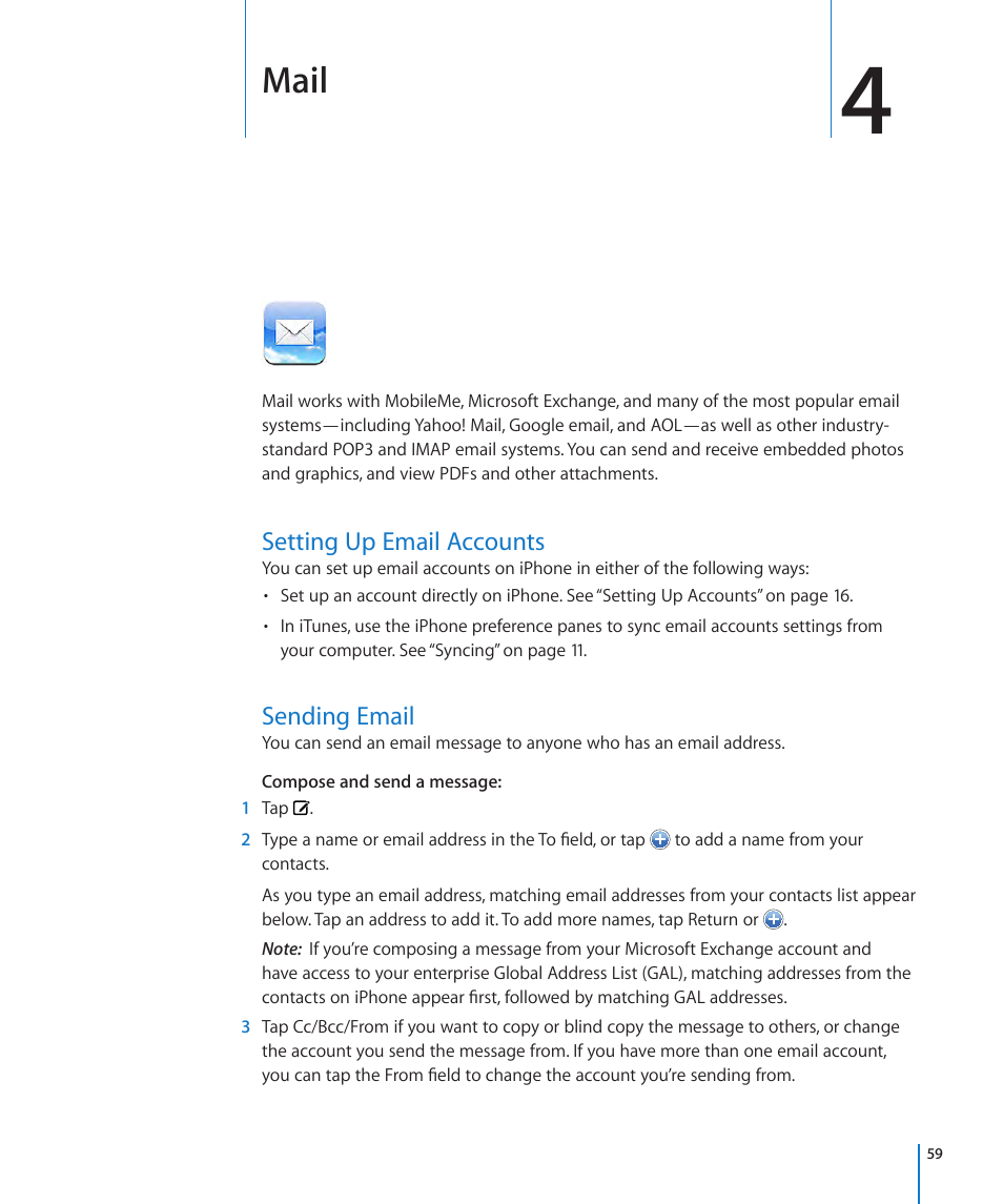 Chapter 4: mail, Setting up email accounts, Sending email | 59 setting up email accounts 59 sending email, Mail | Apple iPhone OS 3.1 User Manual | Page 59 / 217