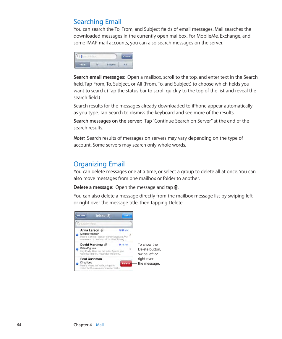 Searching email, Organizing email, 64 searching email 64 organizing email | Apple iPhone OS 3.1 User Manual | Page 64 / 217