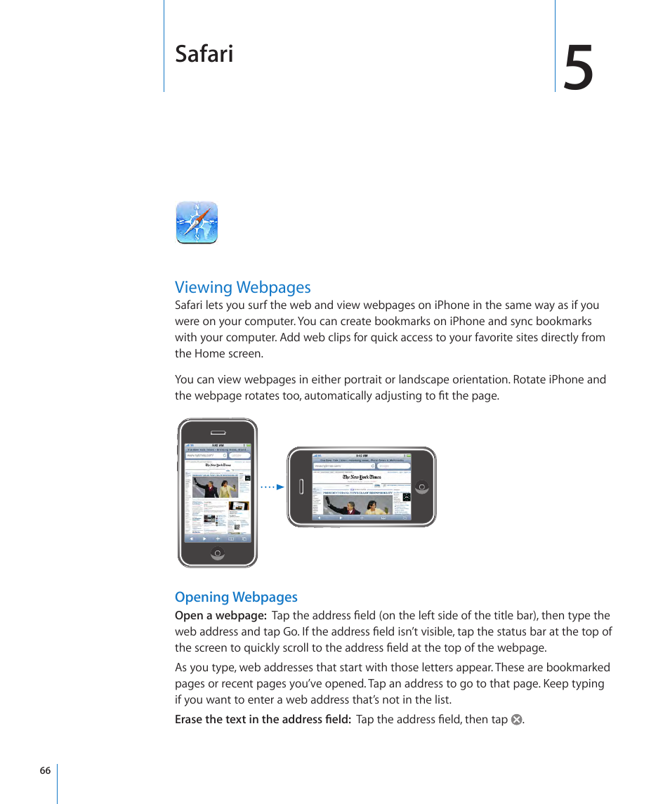 Chapter 5: safari, Safari | Apple iPhone OS 3.1 User Manual | Page 66 / 217