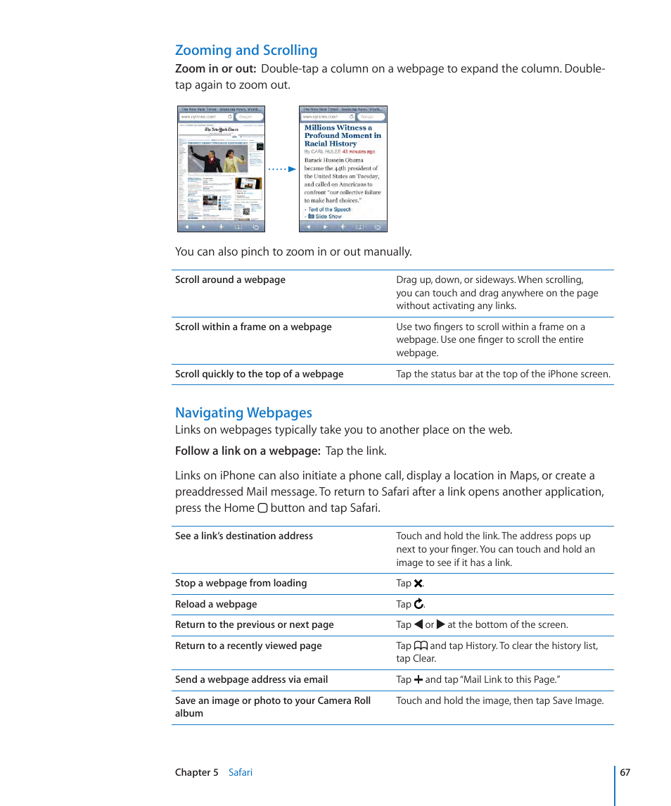 Zooming and scrolling, Navigating webpages | Apple iPhone OS 3.1 User Manual | Page 67 / 217