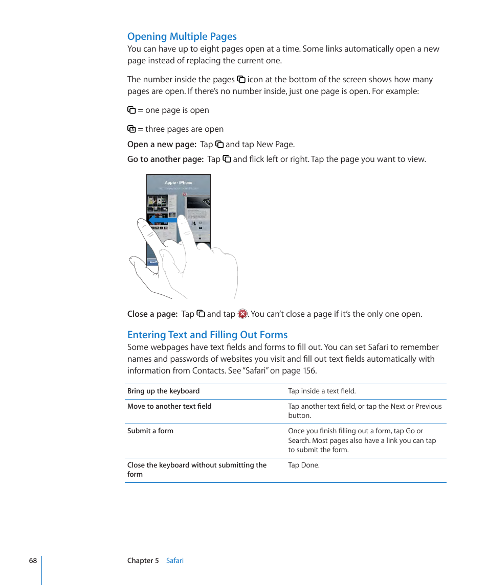 Opening multiple pages, Entering text and filling out forms | Apple iPhone OS 3.1 User Manual | Page 68 / 217