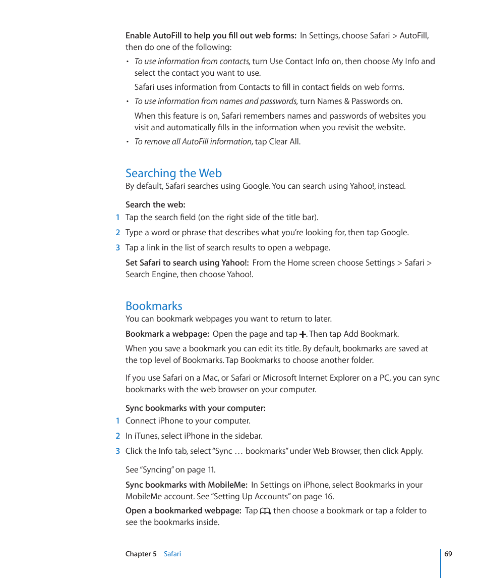 Searching the web, Bookmarks, 69 searching the web 69 bookmarks | Apple iPhone OS 3.1 User Manual | Page 69 / 217