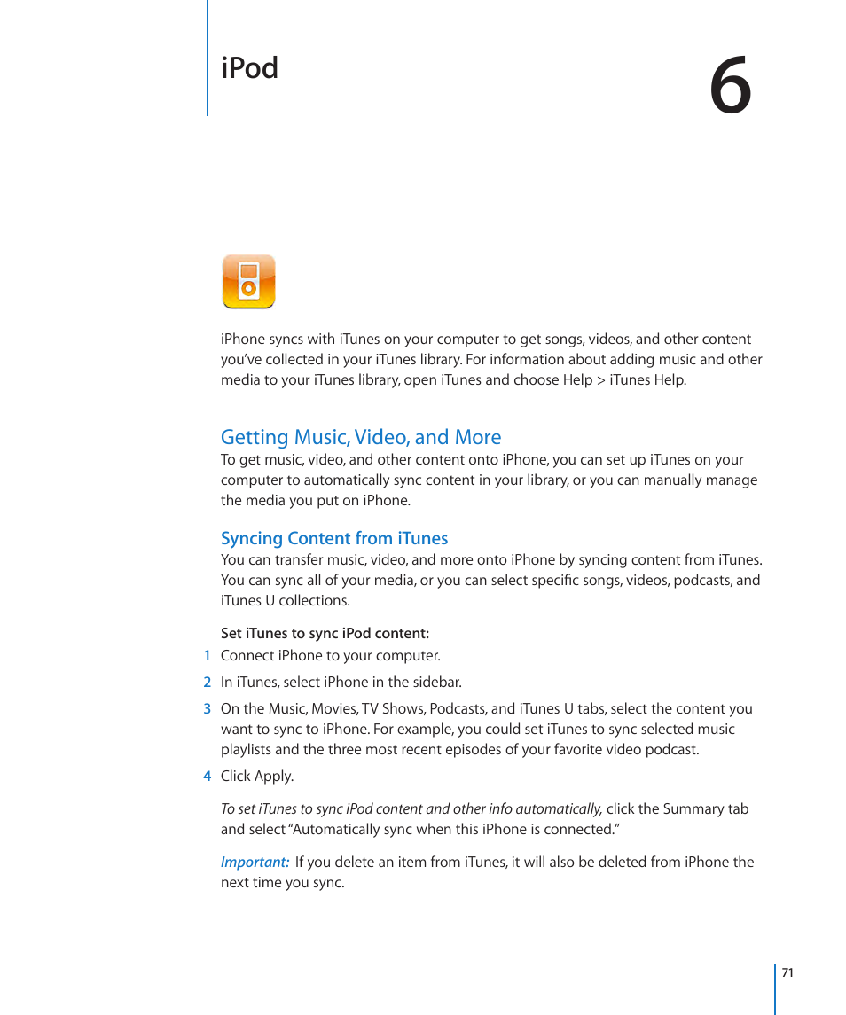 Chapter 6: ipod, Getting music, video, and more, 71 getting music, video, and more | Ipod | Apple iPhone OS 3.1 User Manual | Page 71 / 217