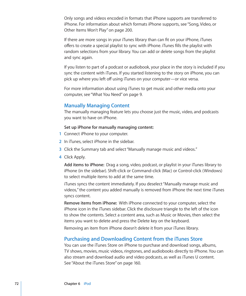 Manually managing content | Apple iPhone OS 3.1 User Manual | Page 72 / 217