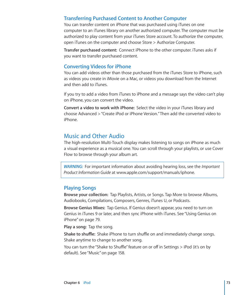 Music and other audio, 73 music and other audio, Playing songs | Apple iPhone OS 3.1 User Manual | Page 73 / 217