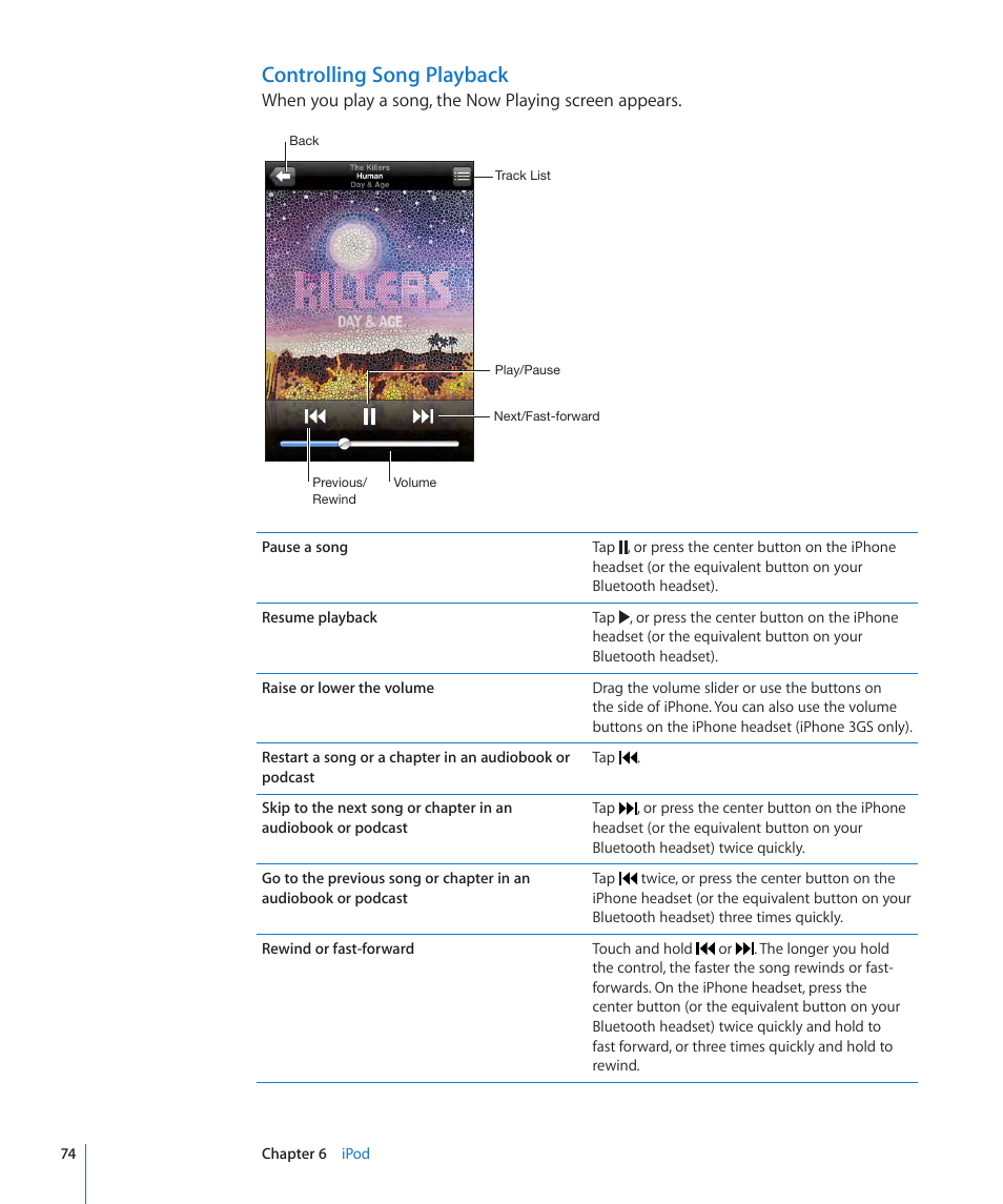 Controlling song playback | Apple iPhone OS 3.1 User Manual | Page 74 / 217